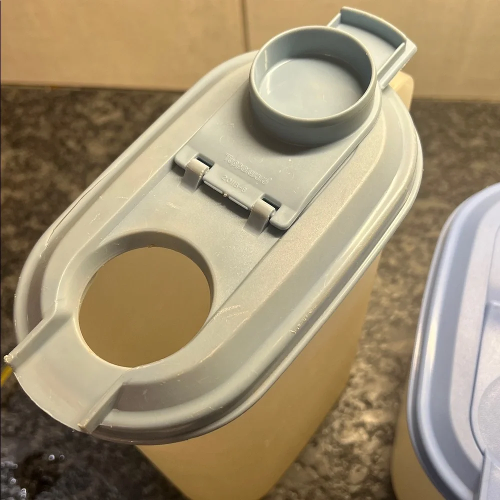 Set of Two Slim Line Plastic Storage pitchers with Blue Flip Lids by Tupperware